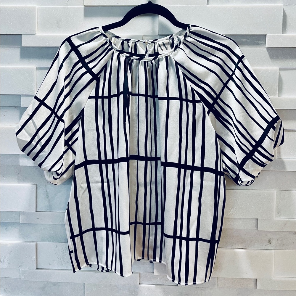 Worthington Black & White Grid Pattern Blouse Workwear - Women’s PM